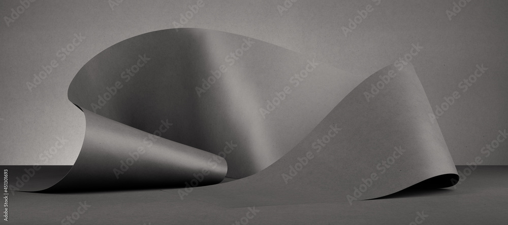 Poster 3d render. abstract black background with curvy ribbon inside the dark room. folded fallen scroll
