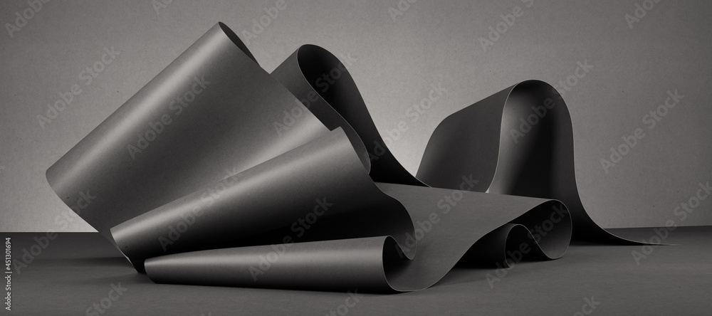 Poster 3d render, abstract black modern minimal background with folded ribbon or fallen paper scroll