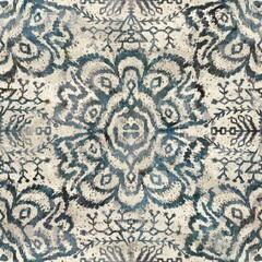 Seamless grungy tribal ethnic rug motif pattern. High quality illustration. Distressed old looking native style design in faded teal and cream colors. Old artisan textile seamless pattern.