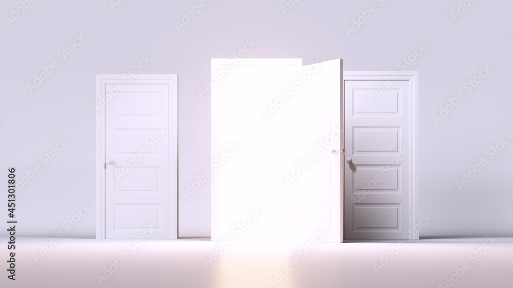 Poster 3d render, abstract white background with bright light glowing from an open door. modern minimal int