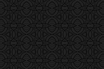 3D volumetric convex embossed geometric black background. Vintage pattern, unique texture in arabesque style. Ethnic oriental, Asian, Indonesian ornaments for design and decoration.
