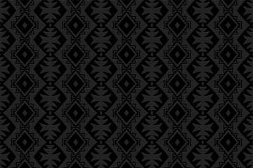 3D volumetric convex embossed geometric black background. Vintage pattern, original texture in arabesque style. Ethnic oriental, Asian, Indonesian, Mexican ornaments.
