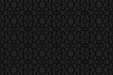3D volumetric convex embossed geometric black background. Vintage pattern, minimalist texture in arabesque style. Ethnic oriental, Asian, Indonesian, Mexican ornaments.