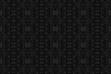 3D volumetric convex embossed geometric black background. Vintage pattern, artistic texture in arabesque style. Ethnic oriental, Asian, Indonesian, Mexican ornaments.