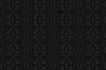 Obraz na płótnie Canvas 3D volumetric convex embossed geometric black background. Vintage pattern, graceful arabesque texture. Ethnic oriental, Asian, Indonesian, Mexican ornaments.