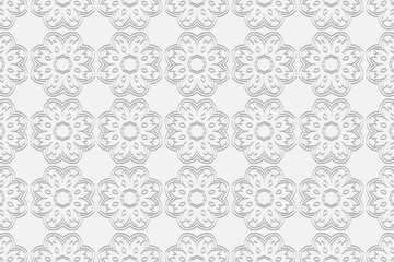 3D volumetric convex embossed geometric unique white background. Ethnic pattern, arabesque texture. Oriental, Asian, Indonesian floral ornaments for design.