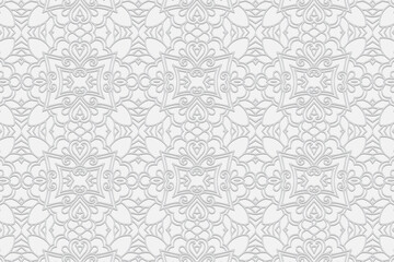 3D volumetric convex embossed geometric unique white background. Ethnic pattern, arabesque texture. Oriental, Asian, Indonesian art ornaments for design.