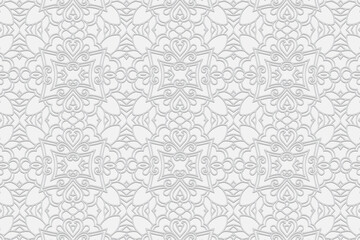 3D volumetric convex embossed geometric unique white background. Ethnic pattern, arabesque texture. Oriental, Asian, Indonesian art ornaments for design.