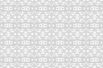 3D volumetric convex embossed geometric unique white background. Ethnic pattern, arabesque texture. Oriental, Asian, Indonesian graceful ornaments for design.