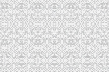 3D volumetric convex embossed geometric unique white background. Ethnic pattern, arabesque texture. Oriental, Asian, Indonesian elegant ornaments for design.