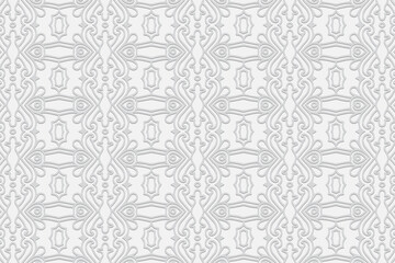 3D volumetric convex embossed geometric unique white background. Ethnic pattern, arabesque texture. Oriental, Asian, Indonesian exotic ornaments for design.