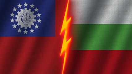 Bulgaria and Mexico Flags Together, Wavy Fabric Texture Effect, Neon Glow Effect, Shining Thunder Icon, Crisis Concept, 3D Illustration