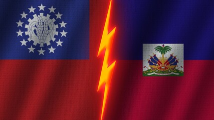 Haiti and Mexico Flags Together, Wavy Fabric Texture Effect, Neon Glow Effect, Shining Thunder Icon, Crisis Concept, 3D Illustration