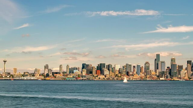 Panning Right Time Lapse of Downtown Seattle Skyline from North West Side in a Bright Sunny Day