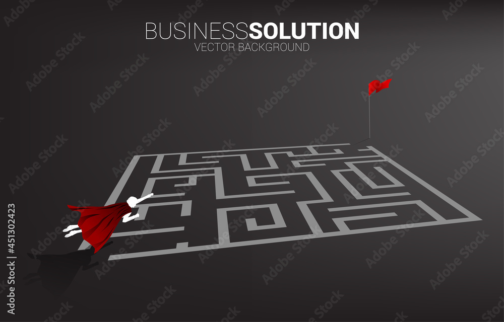 Poster silhouette of businessman flying over the maze to goal. business concept for problem solving and fin