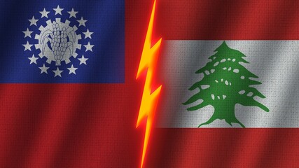 Lebanon and Mexico Flags Together, Wavy Fabric Texture Effect, Neon Glow Effect, Shining Thunder Icon, Crisis Concept, 3D Illustration