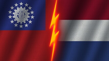 Netherlands and Mexico Flags Together, Wavy Fabric Texture Effect, Neon Glow Effect, Shining Thunder Icon, Crisis Concept, 3D Illustration