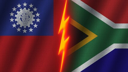 South Africa and Mexico Flags Together, Wavy Fabric Texture Effect, Neon Glow Effect, Shining Thunder Icon, Crisis Concept, 3D Illustration