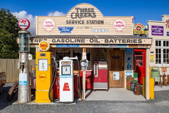 Burkes Pass, New Zealand, March 11 2016: A neat place to stop for tourists travelling on the highway south at this village with vintage and retro signs and gas pumps