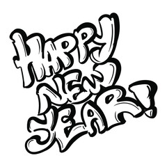 Happy new year graffiti style. Black Hand-drawn lettering logo vector illustration isolated on white background. EPS 10.