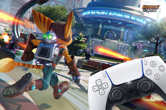 Playstation 5 Dual Sense controller with Ratchet & Clank Rift Apart game blurred in the background. Rio de Janeiro, RJ, Brazil. June 2021.