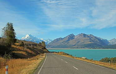 Road on Pukaki Lake, Mt Cook, New Zealand