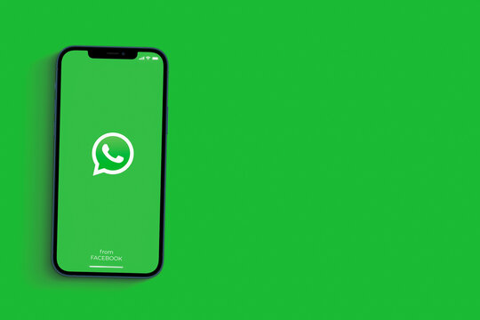 WhatsApp app on the smartphone screen on green background. Rio de Janeiro, RJ, Brazil. June 2021.