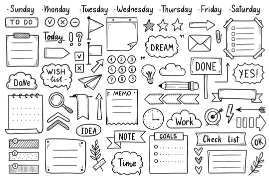 Bullet Journal Pages With Doodle Drawings And Week Layout Stock  Illustration - Download Image Now - iStock