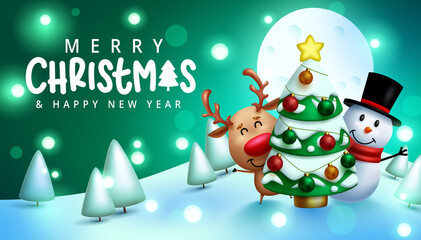 Merry christmas vector design. Merry christmas greeting text in snowy night background with waving snowman and reindeer characters for xmas celebration. Vector illustration
