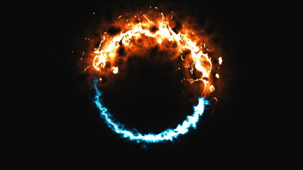 Bright dymanic fire and ice ring in space, this is opposite symbol, 3d rendering, computer generated background