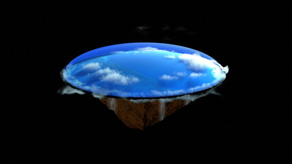 Flat earth with nature landscape, ancient belief in plane globe in form of disk, 3d rendering abstraction