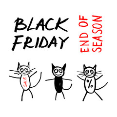 Vector banner Black Friday with three cats. Cursive. Black and red on a white background. Doodle. Calligraphic style. Ink style. Hand drawing