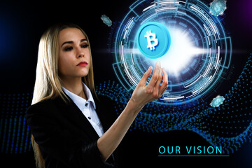 Business, Technology, Internet and network concept. Young businessman working on a virtual screen of the future and sees the inscription: Our vision