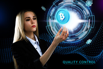 Business, Technology, Internet and network concept. Young businessman working on a virtual screen of the future and sees the inscription: Quality control