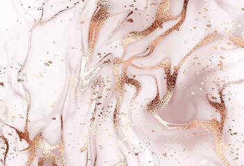 Liquid abstract marble painting background print with rose gold glitter splatter texture.