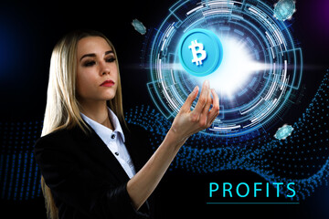 Business, Technology, Internet and network concept. Young businessman working on a virtual screen of the future and sees the inscription: Profits