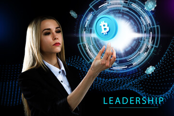 Business, Technology, Internet and network concept. Young businessman working on a virtual screen of the future and sees the inscription: Leadership