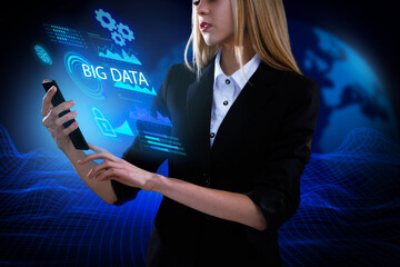 Business, Technology, Internet and network concept. Young businessman working on a virtual screen of the future and sees the inscription: Big data