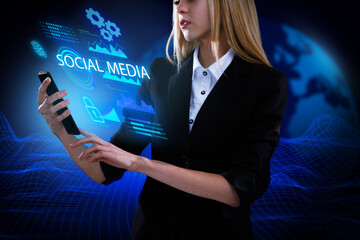Business, Technology, Internet and network concept. Young businessman working on a virtual screen of the future and sees the inscription: Social media