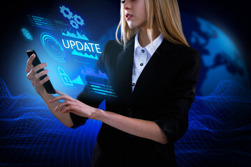 Business, Technology, Internet and network concept. Young businessman working on a virtual screen of the future and sees the inscription: Update