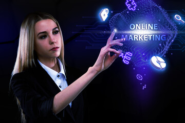 Business, Technology, Internet and network concept. Young businessman working on a virtual screen of the future and sees the inscription: Online marketing