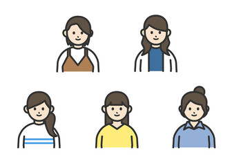 女性の上半身イラストアイコン素材セット