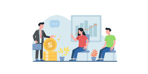 Flat design concept of meeting, business presentation, training, annual report. Vector illustration for website banner, marketing material, business presentation, online advertising.