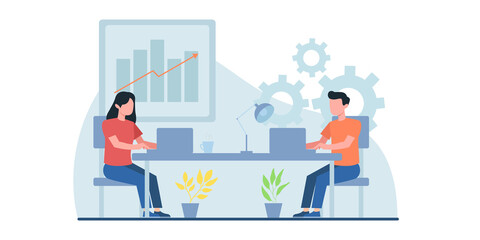 Flat design concept of meeting, business presentation, training, annual report. Vector illustration for website banner, marketing material, business presentation, online advertising.