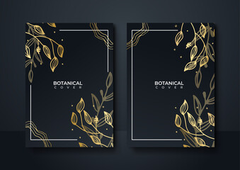 Modern black stripe cover floral design set. Luxury creative gold dynamic diagonal leaves line pattern. Formal premium vector background for business brochure, poster, notebook, menu template