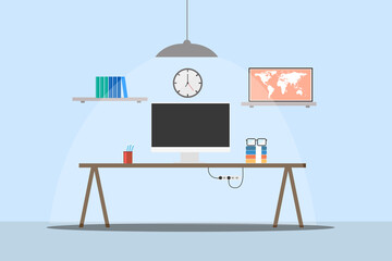 Fototapeta premium Flat design vector illustration of modern office interior office workspace.