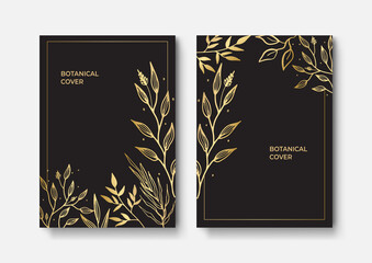 Vector Black and Gold Design Templates Set with Floral Leaves Borders