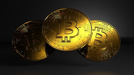 Isolated coins floating on a black background and a ray of light illuminates them.