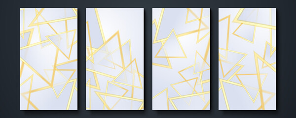 Set of luxury modern abstract light silver triangle background vector. Elegant concept design with golden line. Vector abstract geometric gold background for stories template.