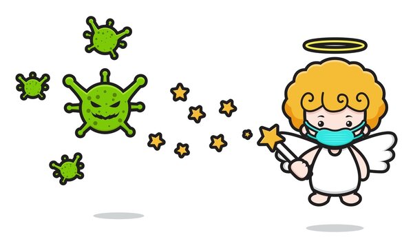 Cute angel mascot character fight against virus cartoon vector icon illustration
